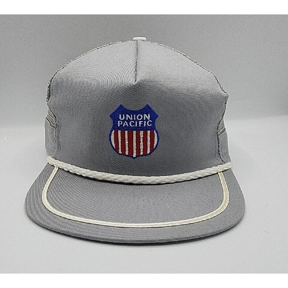 Vintage Union Pacific Trucker Hat Gray W/white rope, Embroidered Patch USA